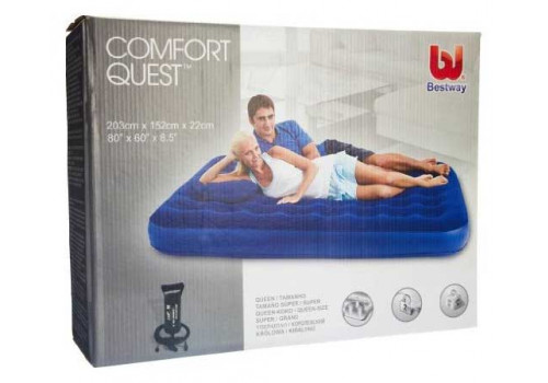 67374 Bestway Надувной матрас Flocked Air Bed With Air Pump(Queen) 203х152х22 см с ручным насосом и 2 подушками